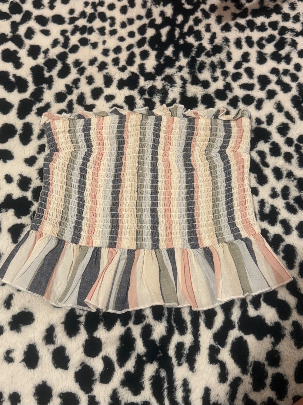Striped Smocked Ruffle Hem Women's Shirt - Cream, Pink, Gray